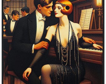 Art Deco Wall Art "Piano Duet" Framed Matte Print