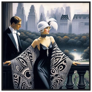 Arte murale Art Déco "Fashionable Flirt" stampata su carta opaca di alta qualità con cornice in legno nero. Fai un salto nel passato per il tuo spazio abitativo. Regalo.