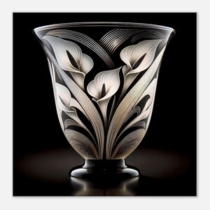 May include: A black glass vase featuring an etched white design of multiple calla lily flowers and leaves. The vase has a wide, flared rim and a solid black circular base, with intricate line work detailing the petals and foliage throughout.