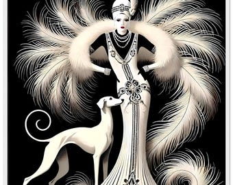 Art Deco 'Feathery Lady' Framed Poster – Matte Paper, Pine Frame