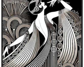 Art Deco Wall Art "Glamour Girl" Black Wood Frame - Erte inspired silhouette illustration Elegant
