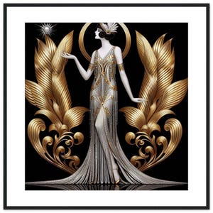 Art Deco Wall Art &quot;Golden Mademoiselle&quot; Premium Matte Paper Framed in Black.