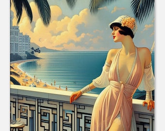Cuadro Art Déco "Vacaciones en la playa" impreso en lienzo fino. Déjese llevar a sus propias vacaciones.