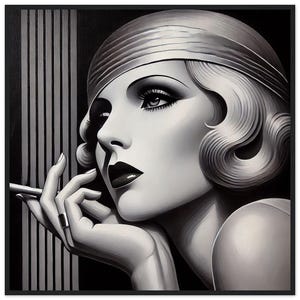 Quadro da parete Art Déco "Femme Fumeuse" stampato su carta opaca di alta qualità con cornice in legno nero. Elegante e lineare, perfetto per spazi abitativi moderni.