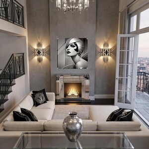 Art Deco acrylic wall art featuring an elegant Vintage Hollywood-inspired woman in glamorous attire, Timeless Beauty luxury portrait with sophisticated Art Deco styling and premium acrylic finish.