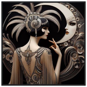 Wall Art Art Deco &quot;Beautiful Flapper in the Moon&quot; Printed on Classic Matte Paper Framed in Black Wood.  Roaring 20&#39;s