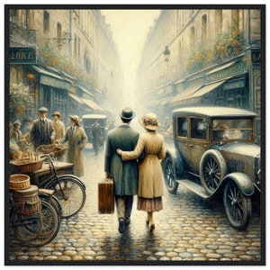 Quadro da parete vintage retrò "Coppia che passeggia" stampato su carta opaca classica con cornice a scelta. Visione nostalgica di un'epoca passata.