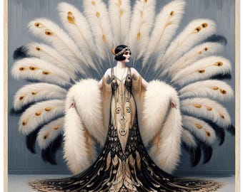Art Deco "Feather Princess" Print, Framed Matte Paper Wall Art | Fashion | Elegance | Illustration