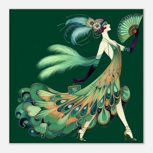May include: A woman in a green and gold peacock-inspired dress with a feather headdress and a fan. She is holding a small purse and is walking on a green background.