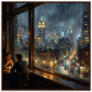 Puede incluir: Pintura al óleo de una noche lluviosa en Nueva York, vista a través de una ventana. Se ven el Empire State Building y el Chrysler Building. Una pareja está sentada a una mesa en un restaurante cálidamente iluminado, añadiendo intimidad a la escena urbana.