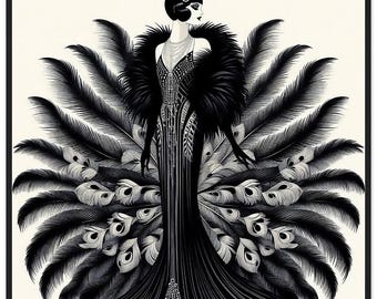 Art Deco Wall Art "Feathery Goddess" Framed Black Wood