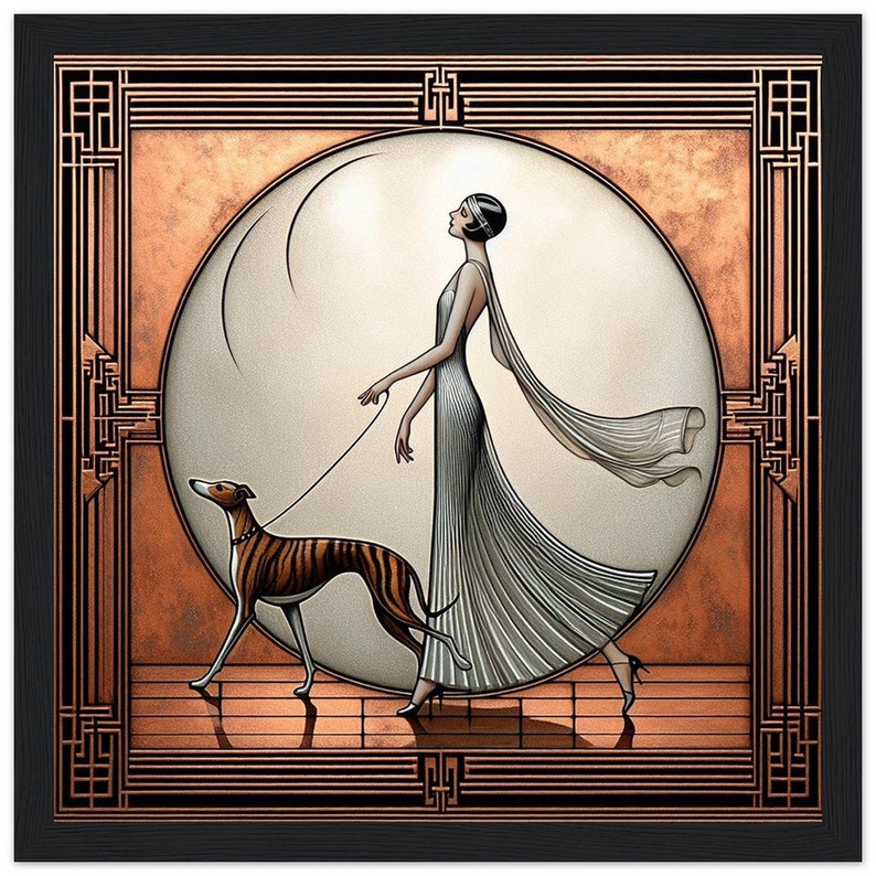 Art Deco Wall Art "Elegance Walking her Dog" Printed on Classic Matte Paper framed in Wood. Idea gift for Art Deco fan.