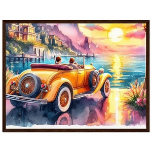 Arte de parede Art Déco &quot;Casal ao pôr do sol em um carro dos anos 20&quot; Impressão emoldurada em madeira | decoração de parede