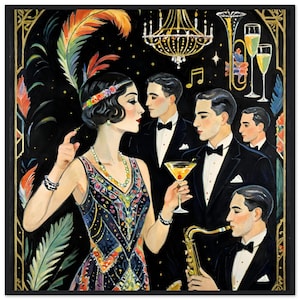 Art Deco Wall Art Flapper  &quot;Gatsby Jazz Saxophone&quot;  1920s Roaring Twenties Party  Vintage Glamour Classic Matte Paper Wooden Framed Print