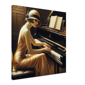 Art Deco Wall Art &quot;Jolie Pianiste&quot; Printed on Thin Canvas. For your home, office, or gift.