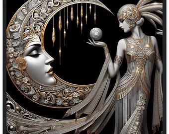 May include: Art Deco-style artwork featuring a woman in a gold and silver gown, holding a sphere. A crescent moon with a face is in the background. The artwork has intricate details and a black background.