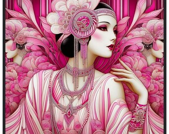 May include: A woman with dark hair and pink makeup wears a pink and white beaded headpiece and a pink and white beaded necklace. She is wearing a pink and white dress with a floral pattern. The background is a pink and white striped pattern.