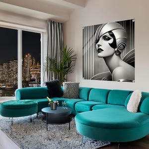 Art Deco acrylic wall art featuring an elegant Vintage Hollywood-inspired woman in glamorous attire, Timeless Beauty luxury portrait with sophisticated Art Deco styling and premium acrylic finish.