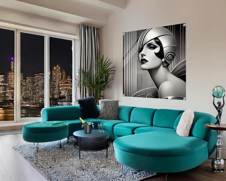 Art Deco acrylic wall art featuring an elegant Vintage Hollywood-inspired woman in glamorous attire, Timeless Beauty luxury portrait with sophisticated Art Deco styling and premium acrylic finish.