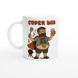 Vatertag Becher und Vater Geburtstag Super Dad BBQ Kaffeetasse Design 11 Unzen Keramikbecher mit Bier & Pfannenwender, Vatertag Papa