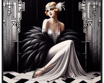 Puede incluir: Una ilustración digital de una persona con cabello rubio que viste un vestido blanco, una boa de plumas negras y un tocado de cuentas con una pluma blanca. La persona lleva collares de perlas en capas sobre un fondo geométrico negro y plateado.