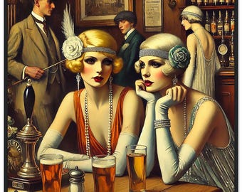Art Deco Framed Print, "Lasses in an English Pub", Traditional Decor