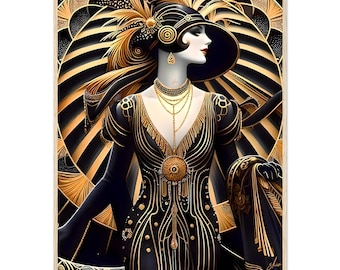 Cuadro Art Déco enmarcado “Madame” / Diseño geométrico dorado y negro / Elegante dama Art Déco / Decoración vintage glamurosa / Estilo de los locos años 20