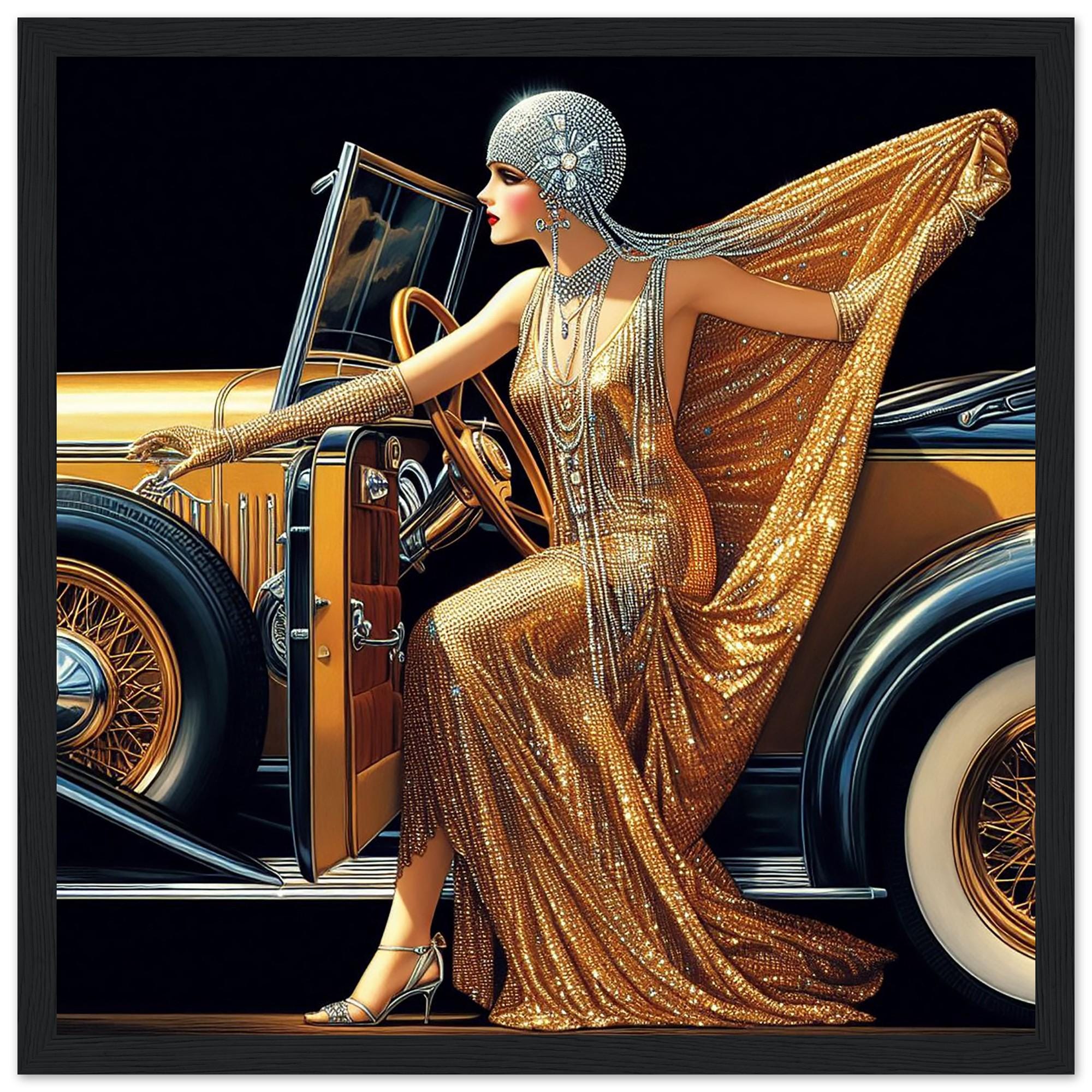 Art Deco Woman Print, 1920s Flapper Girl in Gold Dress, Black Wood ...