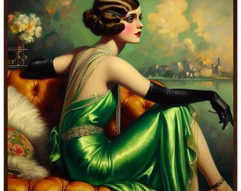 Impression encadrée Robe de femme Art Déco « Jolie en verte »