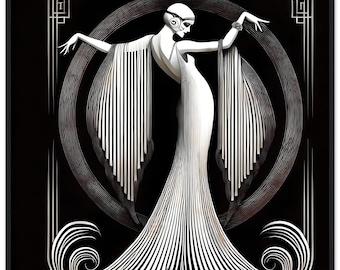 Fashionable Wall Art "Art Deco Echo" Black & White Wood Frame, Illustration, Erte Style, Glam