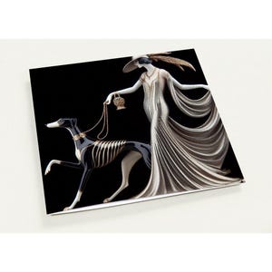 May include: An art deco style image of a woman in a flowing gown and a dog. The woman wears a hat with a feather and holds a small purse. The dog is black and white with a skeletal design, set against a black background.
