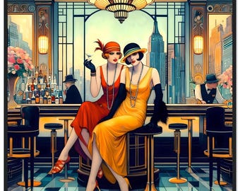 Art Deco Wall Art "Flapper Girls Night Out" Mounted Framed Poster – Retro Cocktail Fun, Socializing & Friendship.