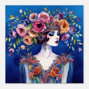 Art Deco Wall Art &quot;Flapper with Floral Crown&quot; printed on Thin Canvas