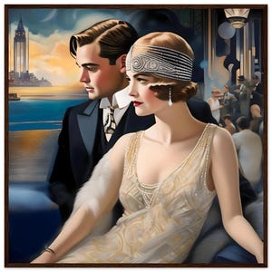 grande gatsby arte - "Gatsby e Daisy" Stampato su carta opaca di alta qualità con cornice in legno di pino marrone scuro, stampa artistica gatsby art deco gatsby