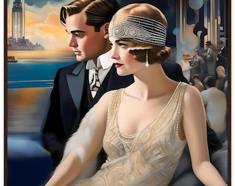 Framed Art  Deco Print "Gatsby and Daisy" | Roaring 20's | Famous literature | Characters Literature