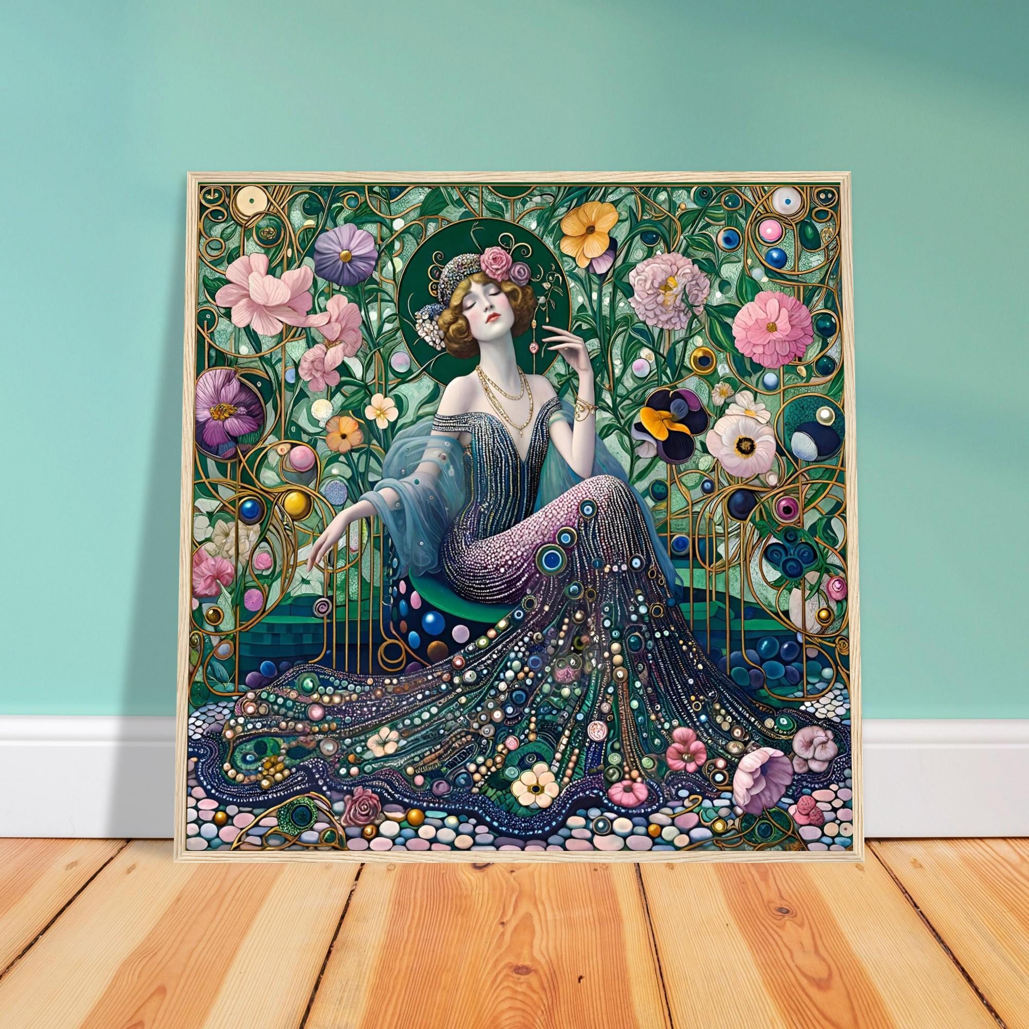 Art Nouveau Wall Art " Floral Beaded Gown" Framed Poster in Wood ...