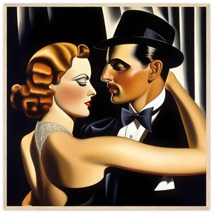 May include: A painting of a couple dancing, the woman in a black dress with a pearl necklace and the man in a black tuxedo with a bow tie and a black fedora.