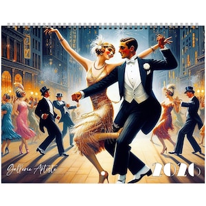 May include: A calendar featuring a vintage illustration of a couple dancing in a city street, surrounded by other dancers. The woman wears a gold dress, and the man is in a tuxedo. The calendar has the text "Gallerie Artiste" and "2020".