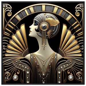 Wall Art Deco Flapper stampato su Classic Matte Paper Black Wood Frame, casa o ufficio. Retro, alla moda, regalo
