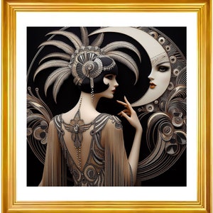 Art Deco Printable Wall Art Deco &quot;Beautiful Flapper in the Moon&quot; art deco wall art, digital download.