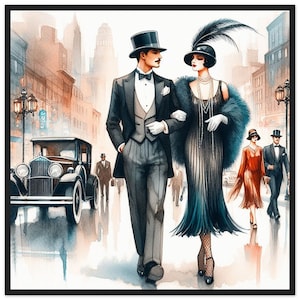 "Art Deco Wandkunst ""Art Deco Paar beim Spaziergang auf der Allee"" gerahmter Druck und Poster | Die Kunst wird flach gedruckte Wandkunst sein, keine Bewegung.