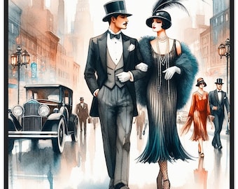 Art Deco "Strolling the Avenue"  Print: 1920s Style Framed Wall Art | Loving Couple | Romance