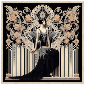 Arte murale Art Déco "Elegant Floral" stampata su carta opaca di alta qualità. Scelta di cornice in legno nero o naturale. Fuggi in un'epoca passata.