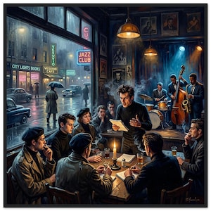 May include: An artistic print depicts a jazz club scene with a band on stage and patrons at tables. The artwork features a rainy street scene outside the window with neon signs for "Jazz Club" and "City Lights Books". The color palette is dominated by blues, browns, and yellows.