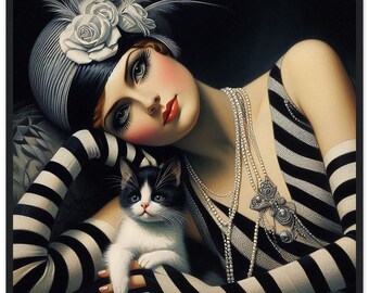 Art Deco "Stripes and Kitten" Portrait Framed Wall Art | Vintage Feline Artwork