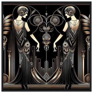 Decorazione da parete Art Déco "Elegant Flappers" stampata su carta opaca classica. Cornice in legno nero, marrone scuro o naturale. Casa, ufficio, regalo.