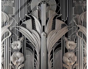 Könnte beinhalten: Ein schwarzes und silbernes Metall-Art-Deco-Design mit geometrischem Muster und floralen Motiven. Das Design verfügt über ein zentrales vertikales Element mit einem runden oberen Teil und zwei symmetrischen floralen Elementen auf beiden Seiten.