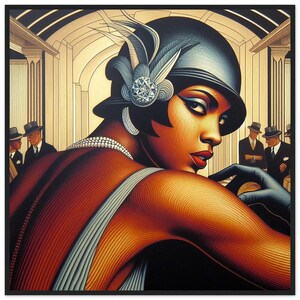 Arte murale Art Déco "Sultry Sable" stampata su carta opaca di alta qualità con cornice in legno. Goditi uno scorcio del passato nel tuo spazio abitativo.