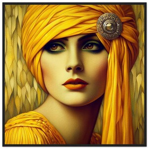Quadro da parete Art Déco "Turban Jaune" stampato su carta opaca di alta qualità e incorniciato in legno. Splendido, elegante, moderno, giallo brillante, glamour hollywoodiano.