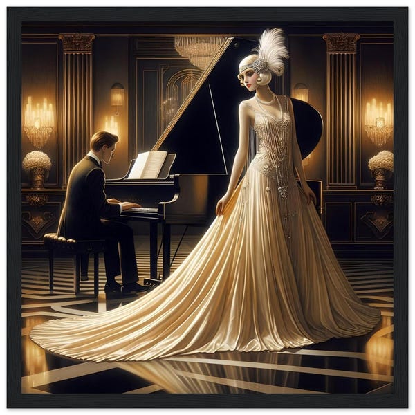 Art Deco "20's Singer" Framed Matte Paper, Piano Recital Wall Art Classic Elegant Glamorous